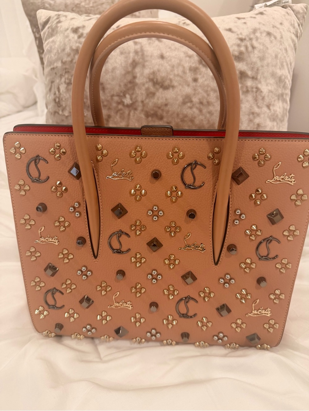 Christian Louboutin Tan Leather Studded Tote with Red Interior